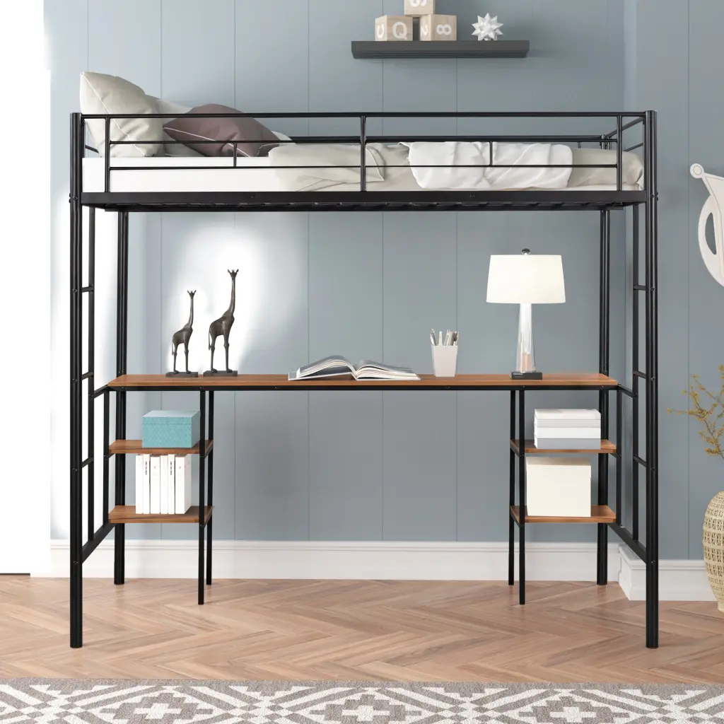 Twin Size Loft Bed Table And Shelves Heavy Duty Metal Frame ii-s choice