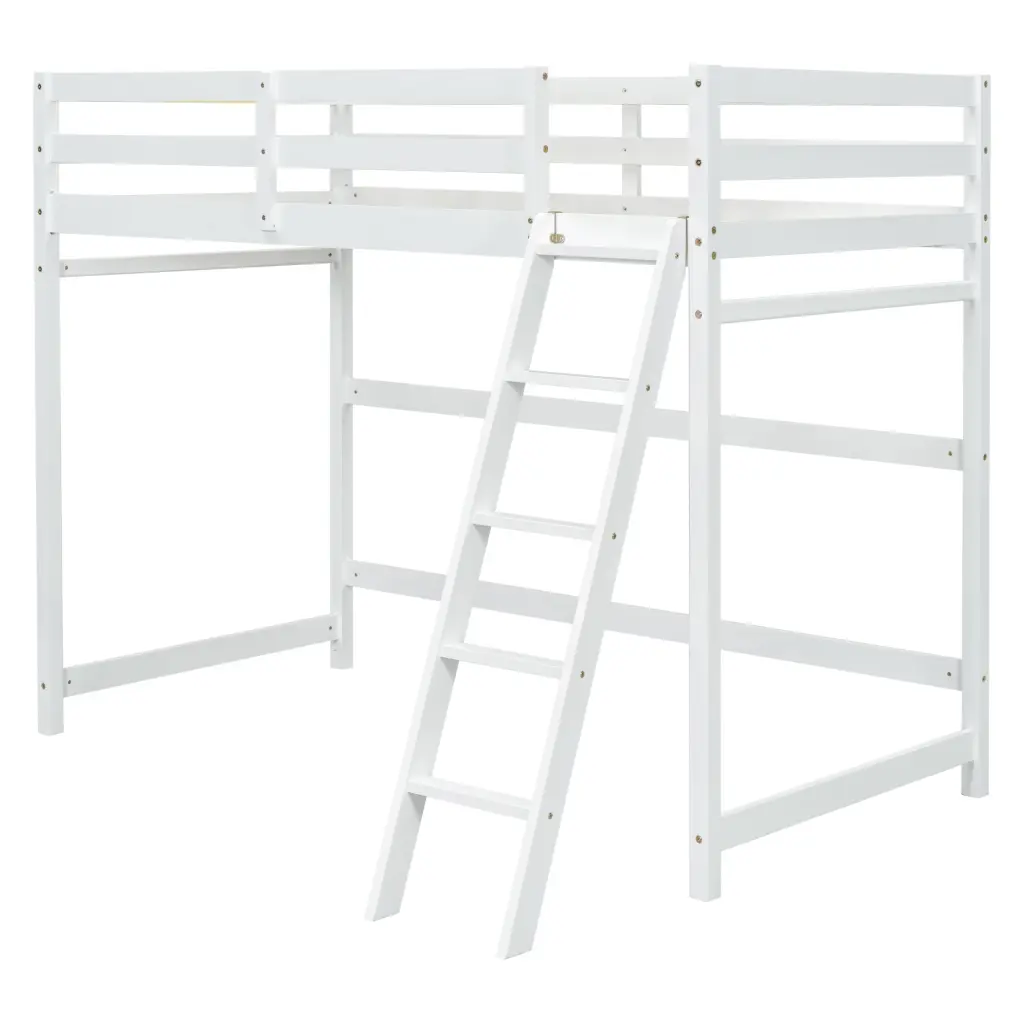 Twin Size High Loft Bed Inclined Ladder And Guardrails White inspirit