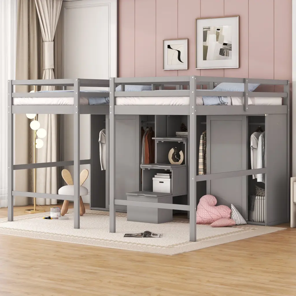 Double Twin Loft Beds Wardrobes And Staircase Gray Solid Wood Bunk Bed lucky furniture