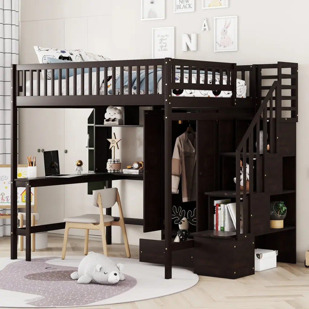 Full Size Loft Bed Bookshelf Drawers Desk and Wardrobe Espresso lucky furniture