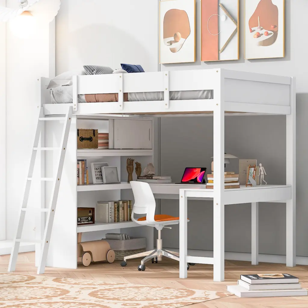 Full Size Loft Bed Desk And Shelf White Solid Wood Space Saving Furniture lucky furniture