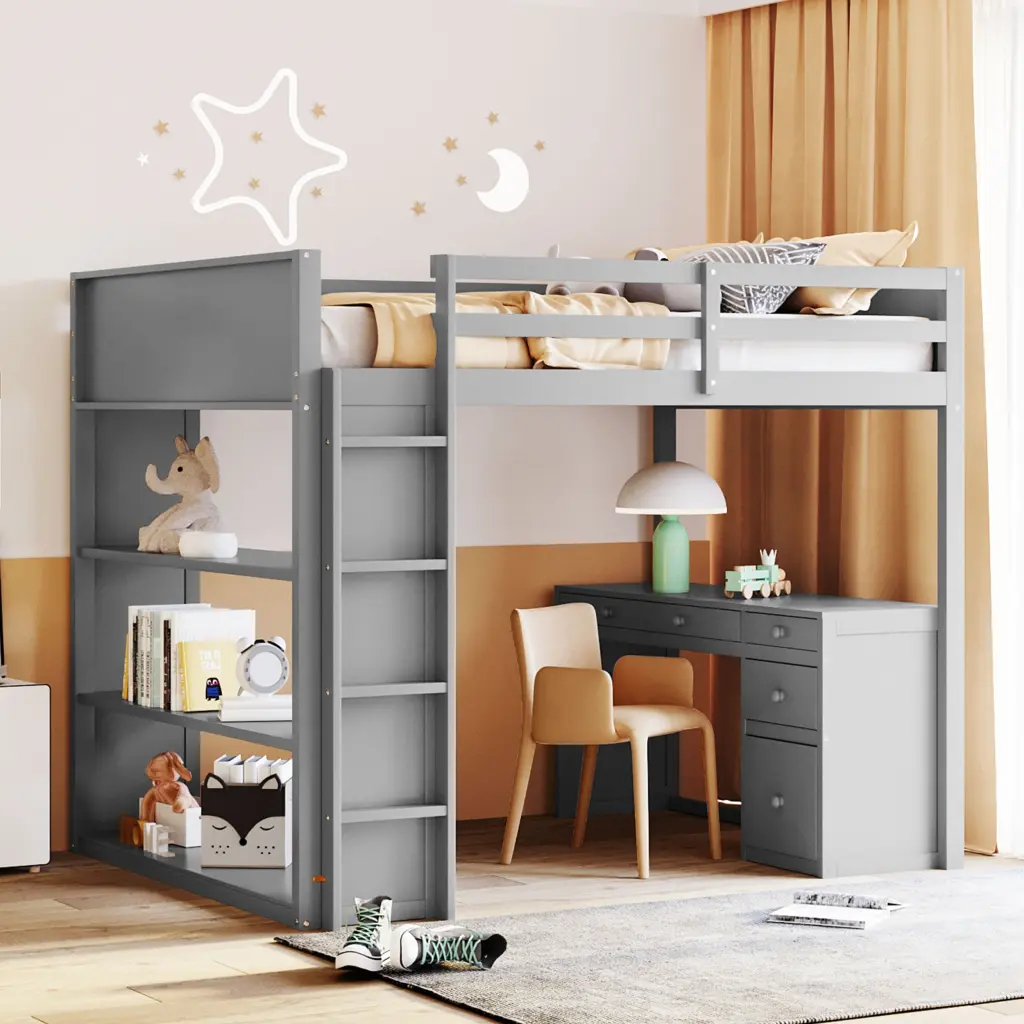 Full Size Loft Bed Ladder, Shelves, and Desk Gray Solid Wood lucky furniture