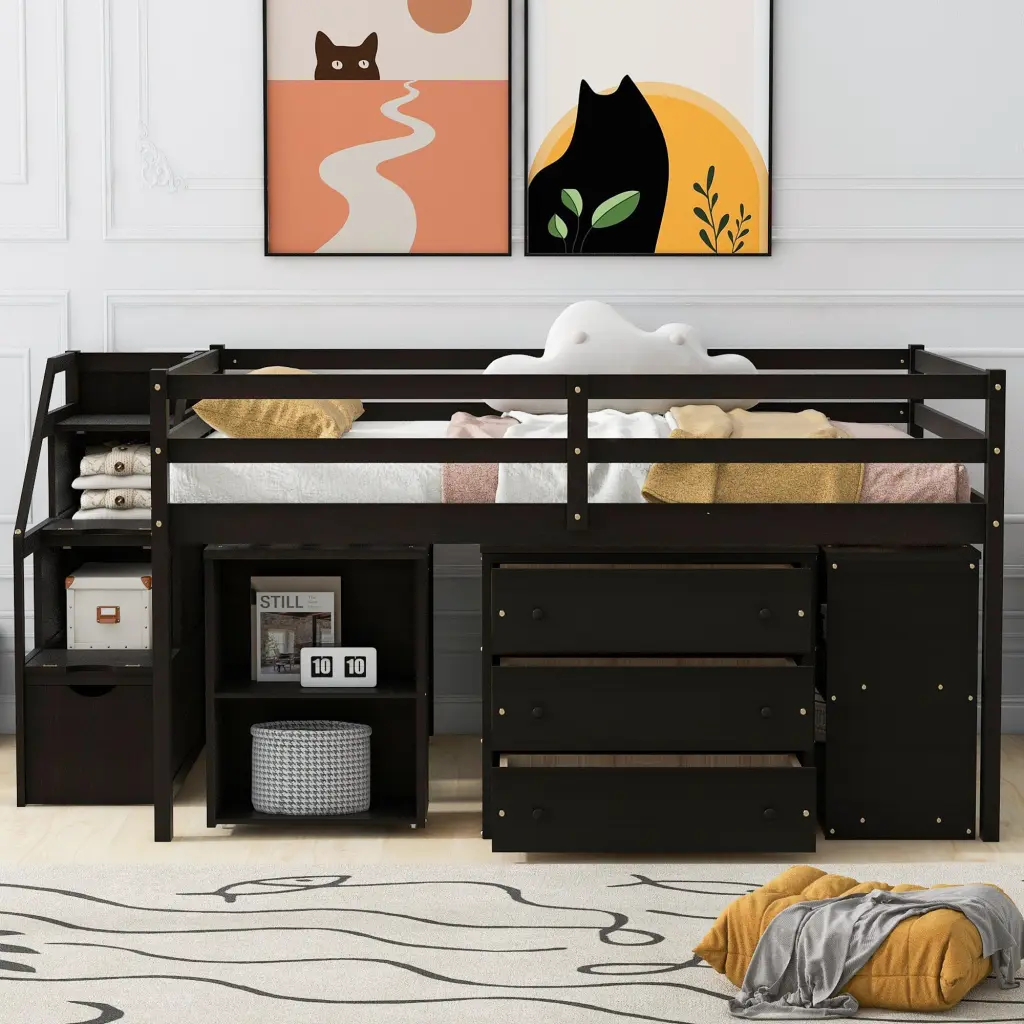 Full Size Loft Bed Retractable Writing Desk And 3 Drawers Wooden Space Saver lucky furniture
