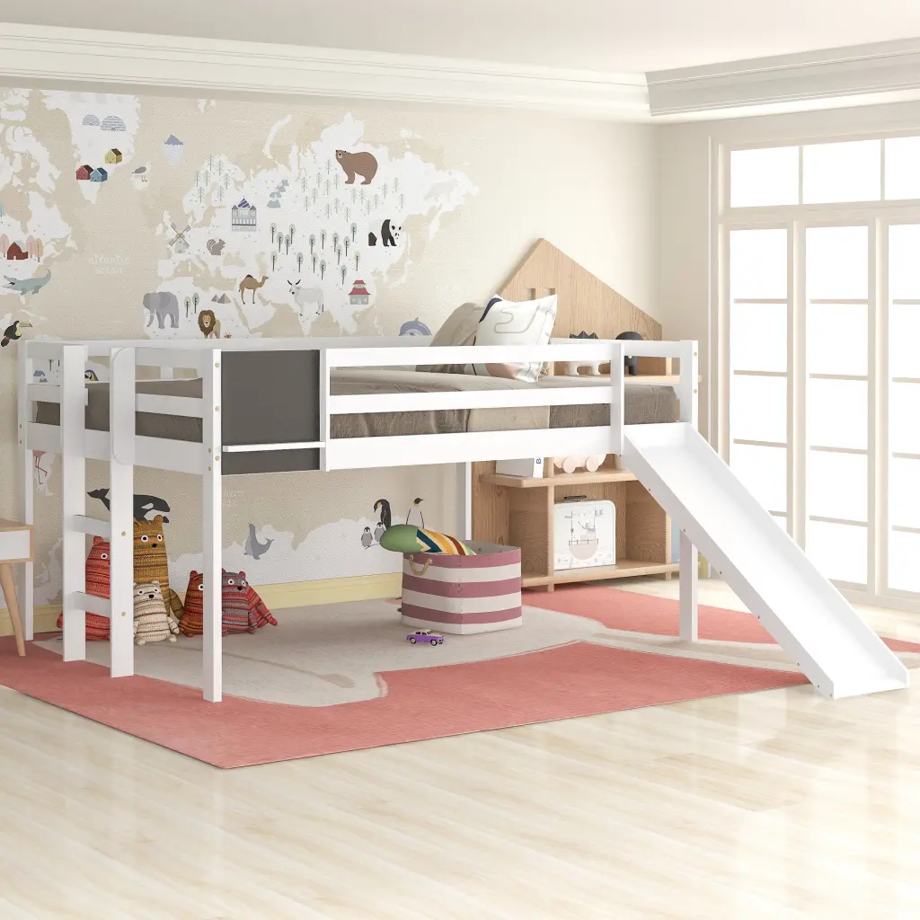 Full Size Loft Bed Wood Bed Slide Stair and Chalkboard White Kids Bedroom Furniture lucky furniture