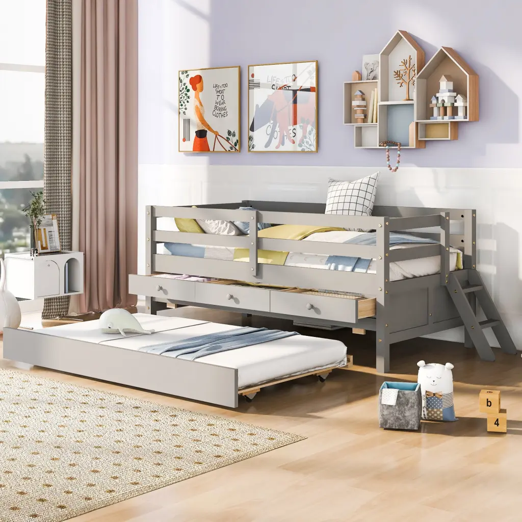 Low Loft Twin Bed Full Security Fence Climbing Ladder and Storage lucky furniture