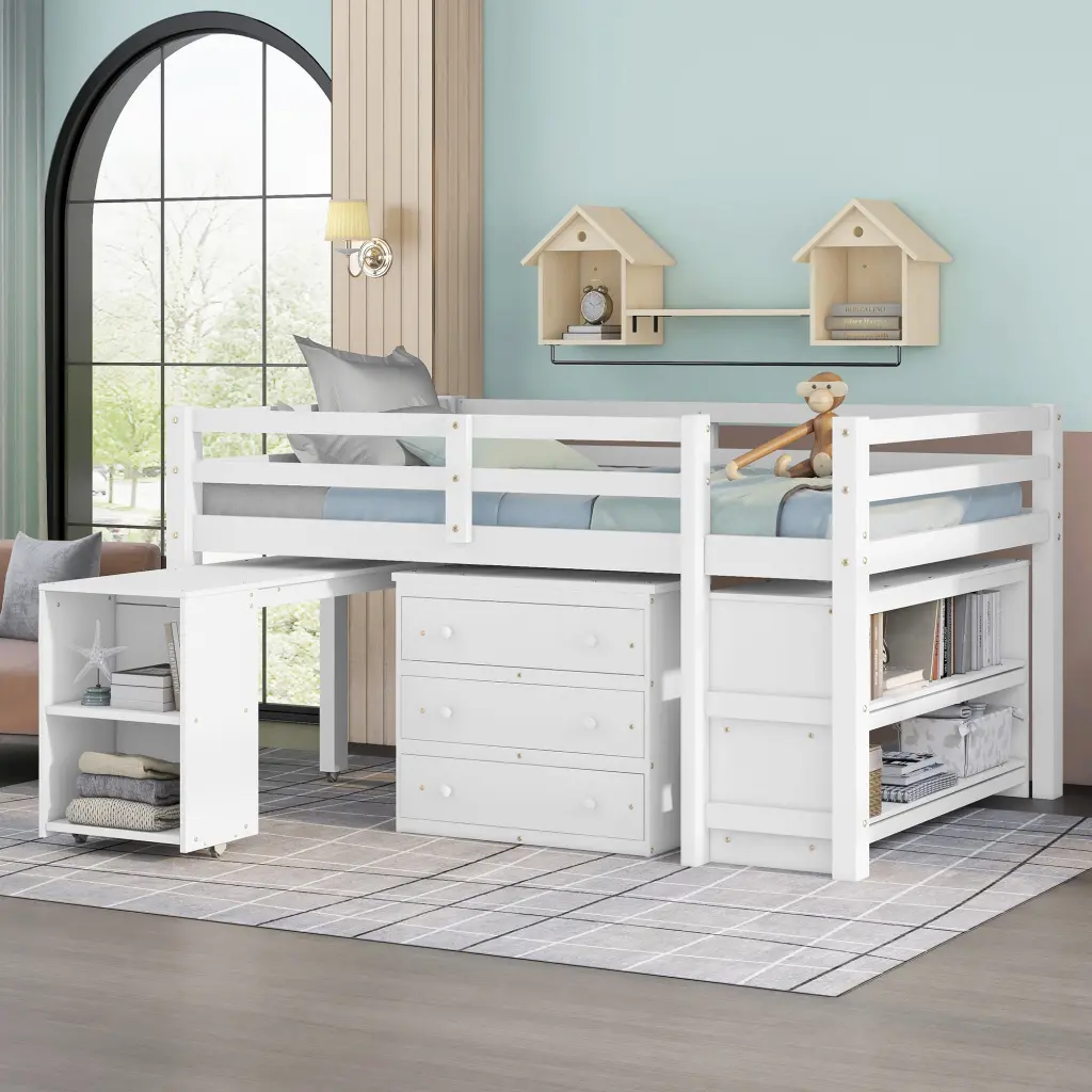 Low Study Full Loft Bed Cabinet Shelves and Rolling Travel-friendly Desk lucky furniture