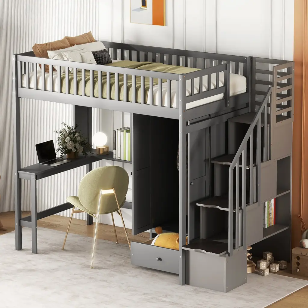 Twin Size Loft Bed Bookshelf Drawers Desk and Wardrobe Gray lucky furniture