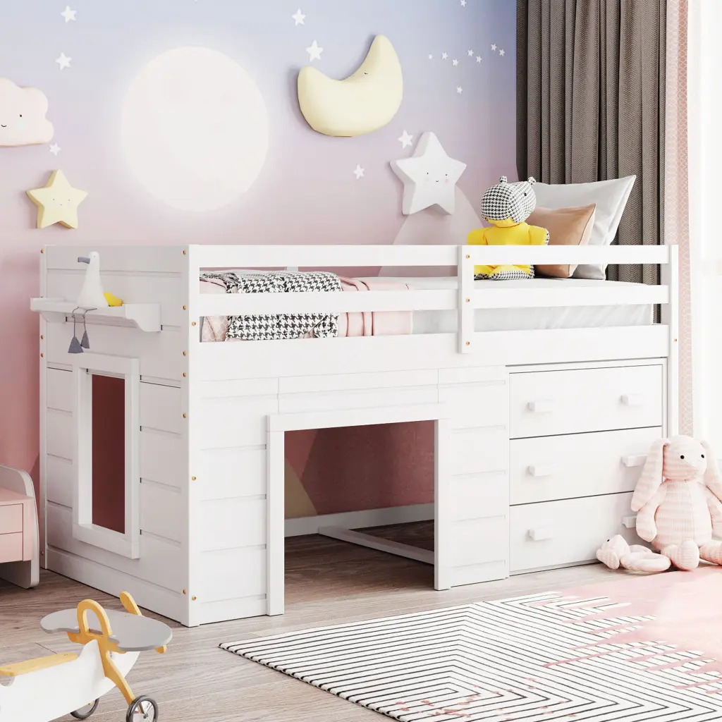 Twin Size Loft Bed Cabinet And Shelf White lucky furniture