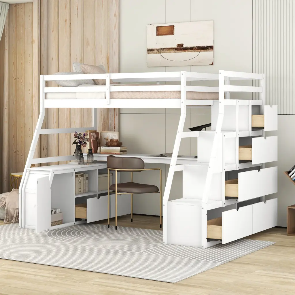 Twin Size Loft Bed 7 Drawers 2 Shelves and Desk White Plywood lucky furniture