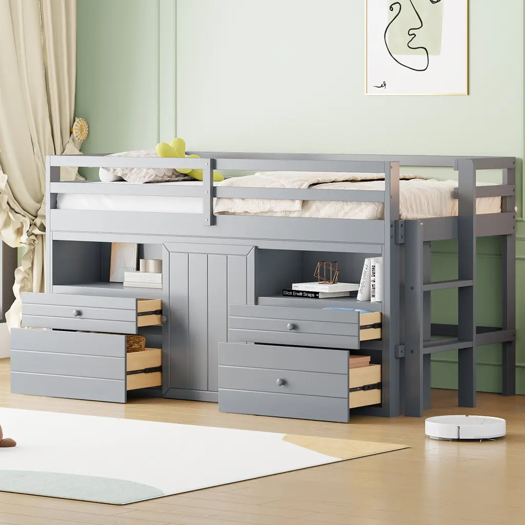 Twin Size Loft Bed 4 Drawers Underneath Cabinet And Shelves Gray Finish lucky furniture