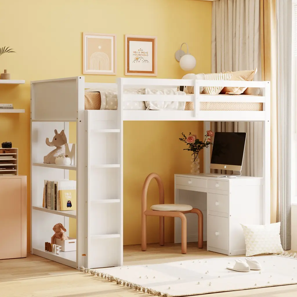 Twin Size Loft Bed Ladder Shelves and Desk White Gray lucky furniture