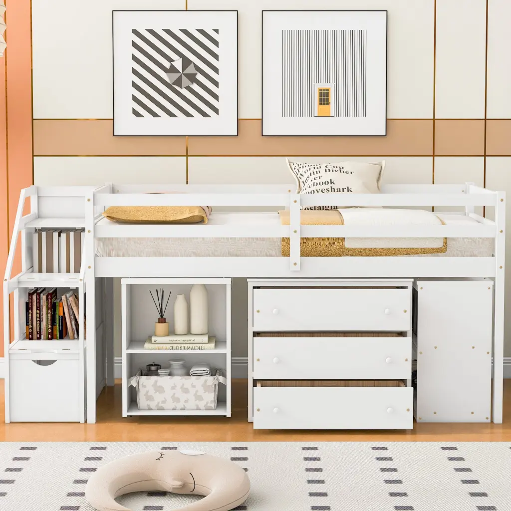 Twin Size Loft Bed Retractable Writing Desk And 3 Drawers lucky furniture