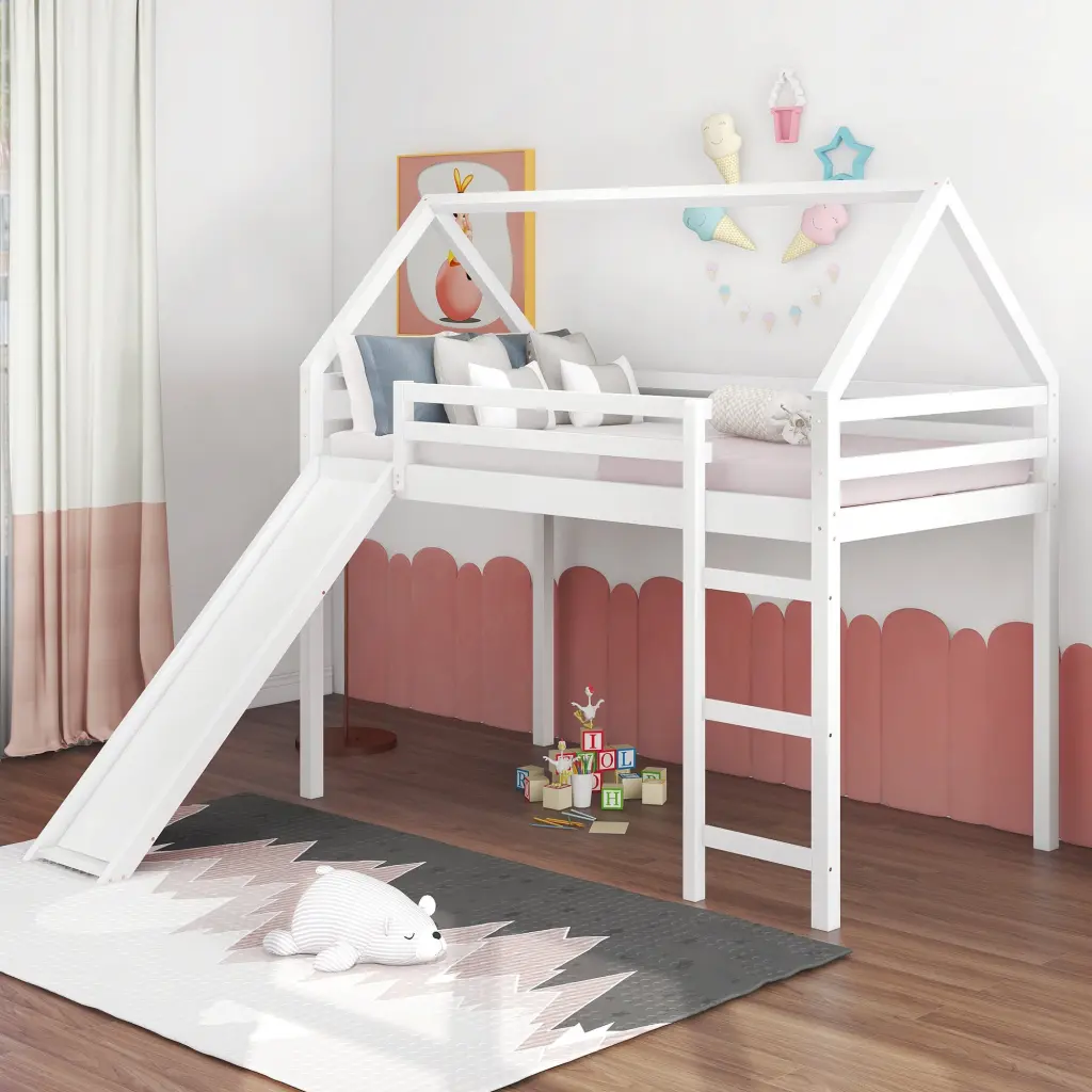 Twin Size Loft Bed Slide White Wooden Kids Bunk Bed Play Feature lucky furniture
