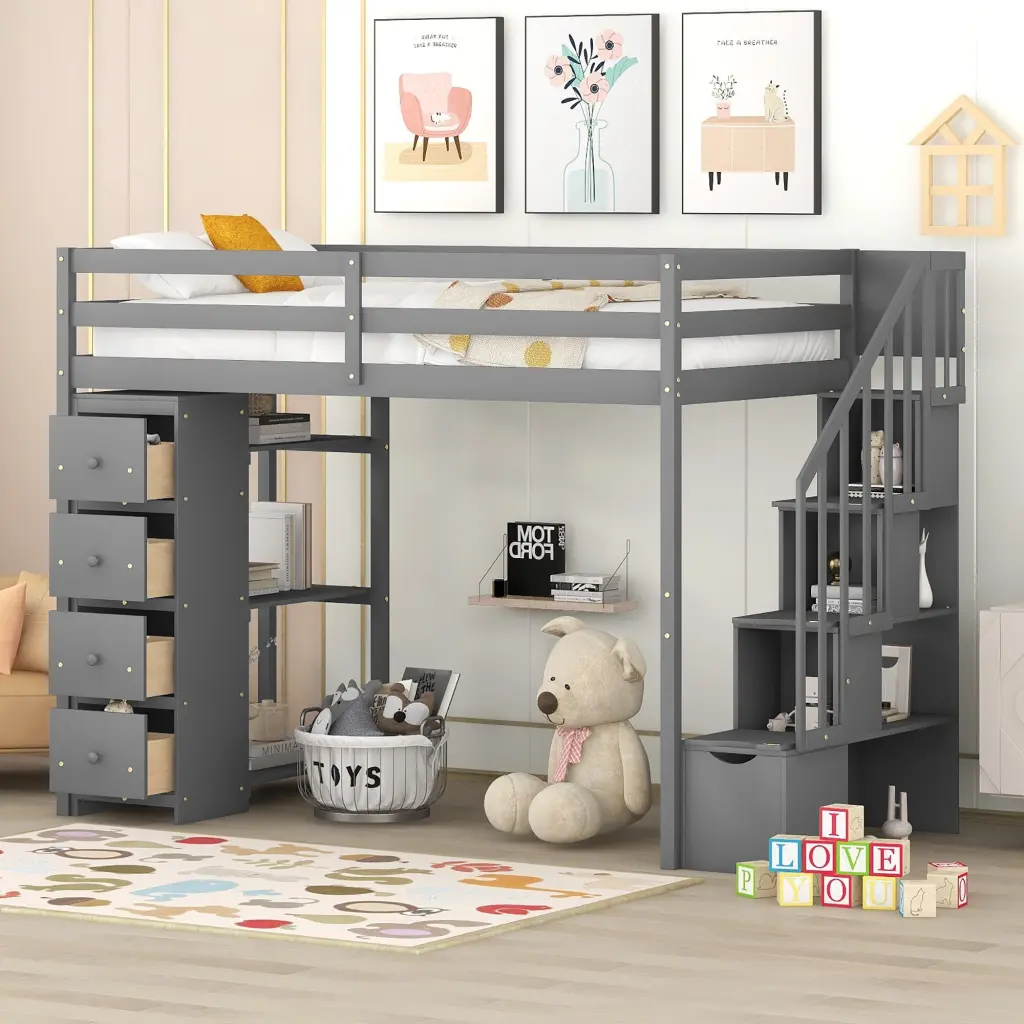Twin Size Loft Bed Storage Drawers And Stairs Wooden Finish lucky furniture