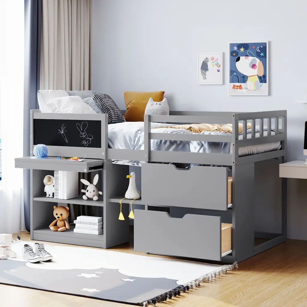 Twin Size Low Loft Bed Rolling Desk Shelf And Drawers Gray Space Saver lucky furniture