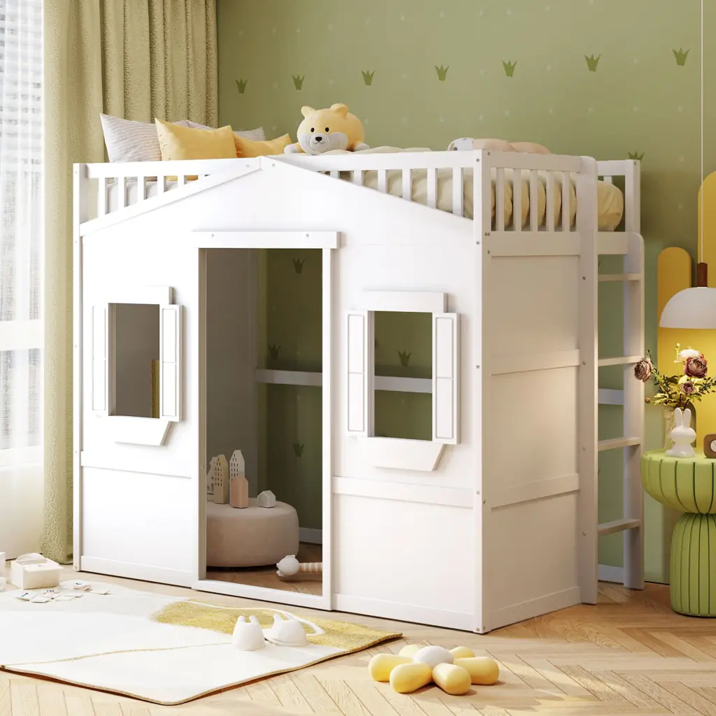 Twin Size Solid Wood Loft Bed Ladder White Finish lucky furniture