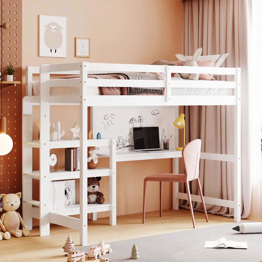 Twin Size Wooden Loft Bed Shelves Desk And Writing Board lucky furniture