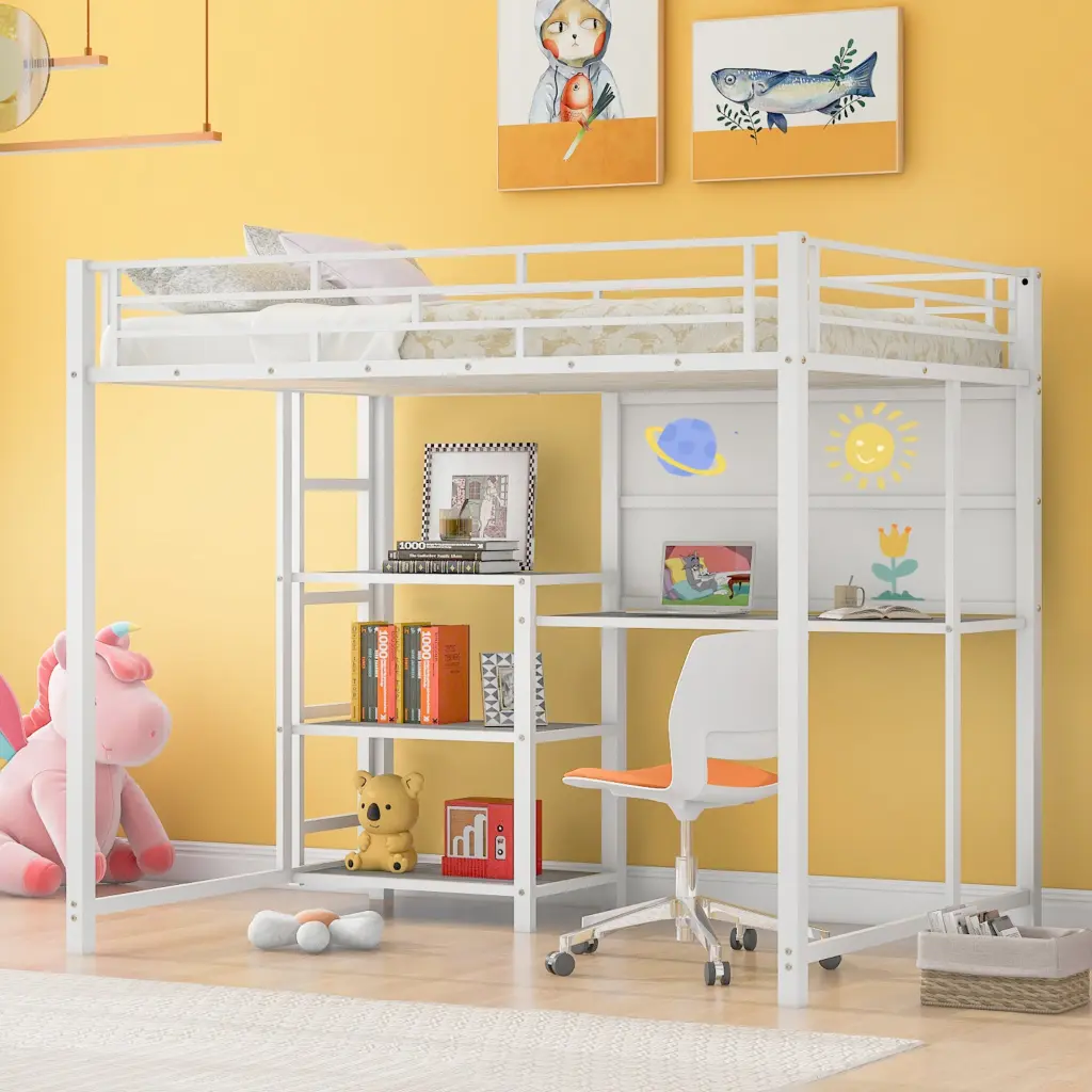 Full Size Loft Bed Desk and Whiteboard Metal Loft Bed 3 Shelves lucky world