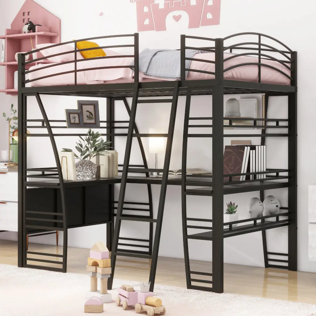 Full Size Loft Bed 4 Shelves and Desk Chic Design lucky world