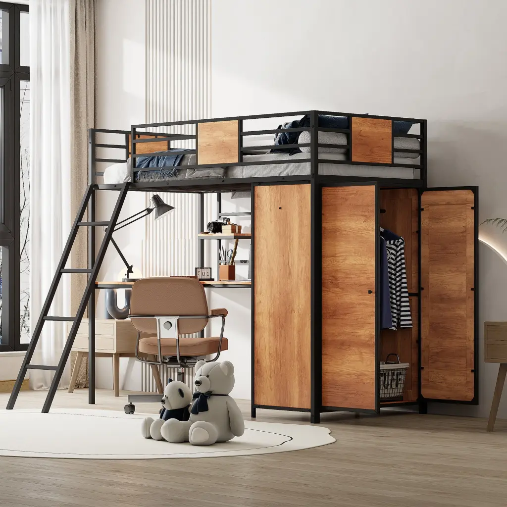 Twin Size Loft Bed Desk and Wardrobe Black Metal Frame lucky world