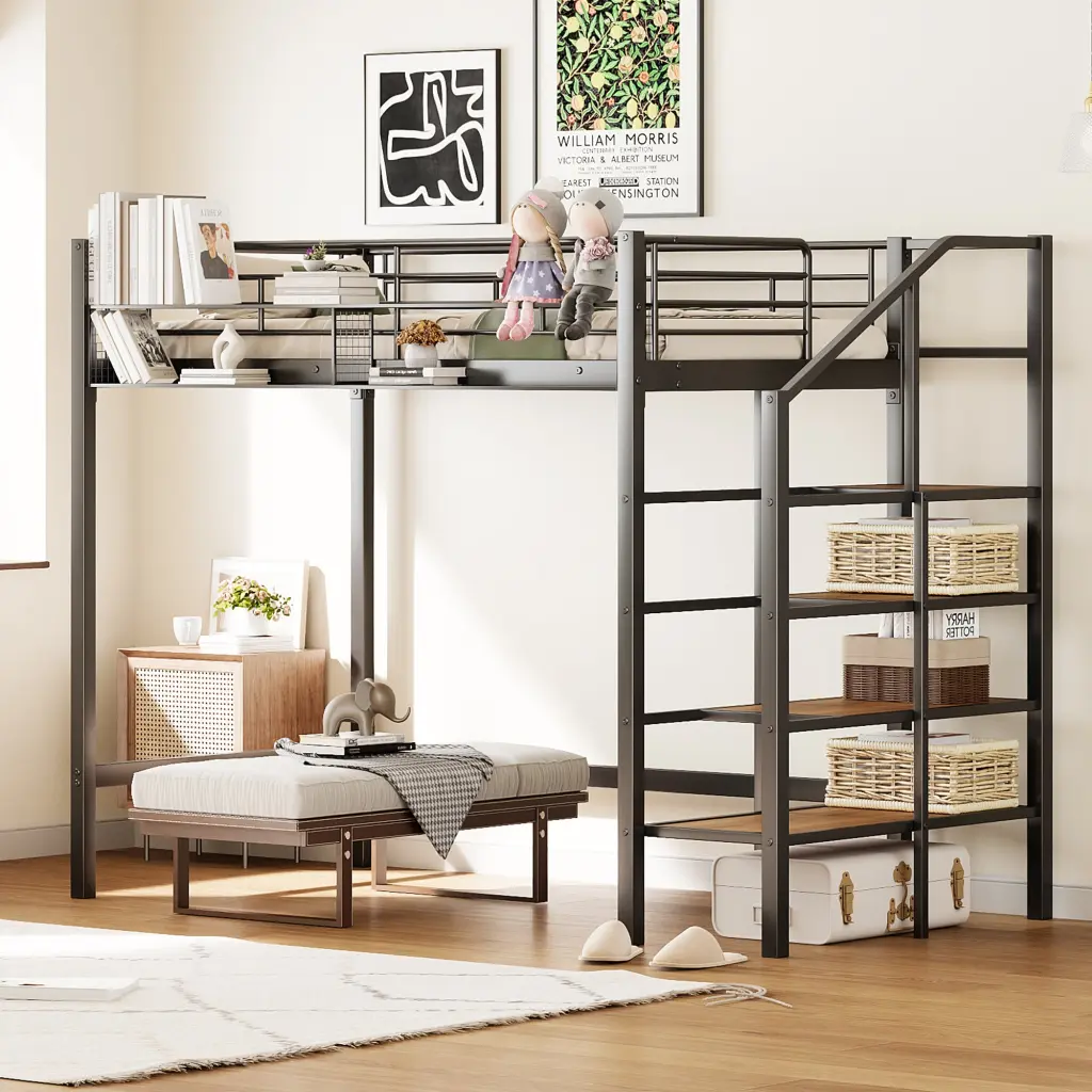Twin Size Metal Loft Bed Upper Grid Storage Shelf And Lateral Stop lucky world