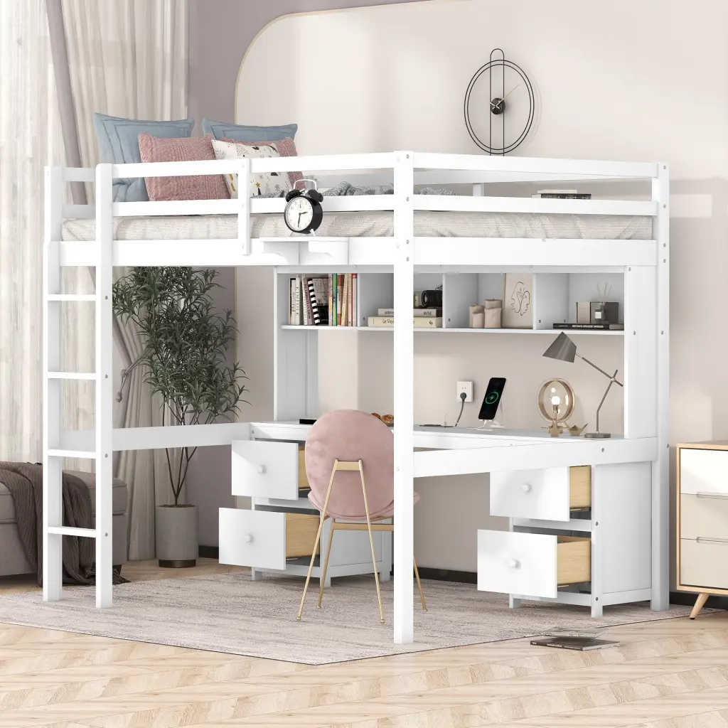 Full Size Loft Bed Desk Cabinets Drawers Charcoal Study Bed wm store