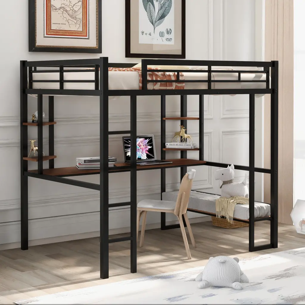 Full Size Loft Metal and MDF Bed Long Desk and Shelves Black wm store
