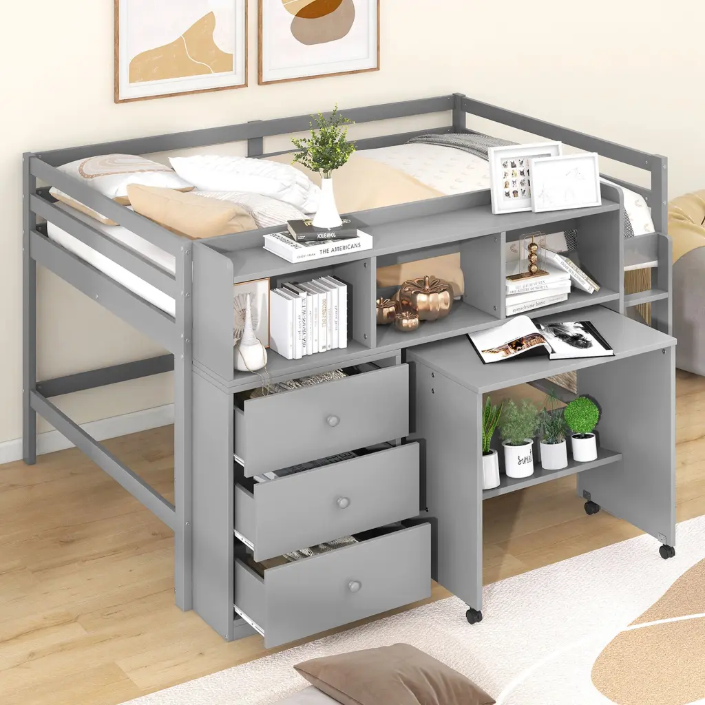 Full Size Low Loft Bed Rolling Travel Friendly Desk Drawers And Shelves wm store