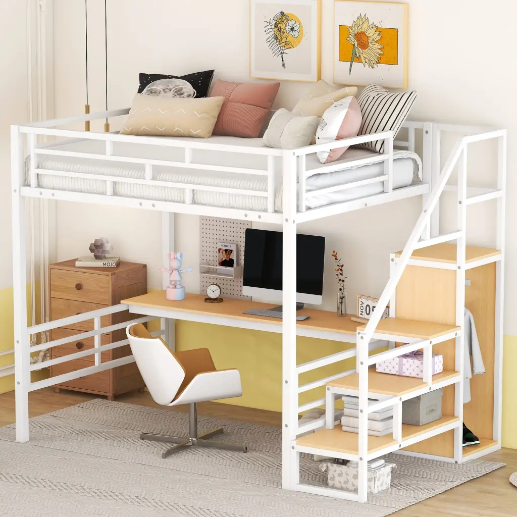 Full Size Metal Loft Bed Desk Storage Staircase and Wardrobe wm store