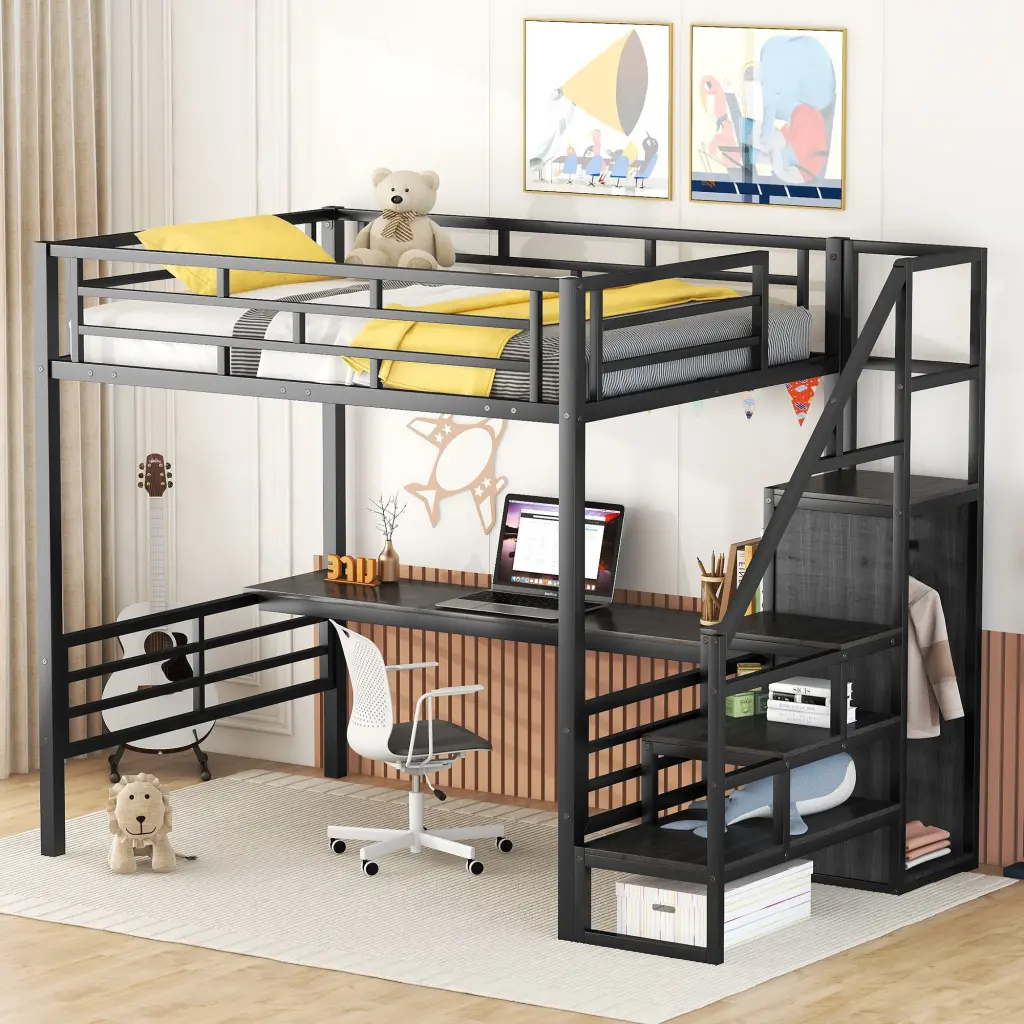 Full Size Metal Loft Bed Desk, Storage Staircase And Small Wardrobe wm store