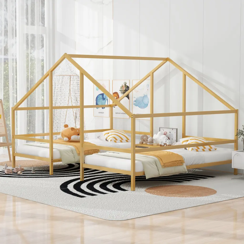 Metal Double Twin Size Triangular Houtilize Bed Built- Table Gold wm store
