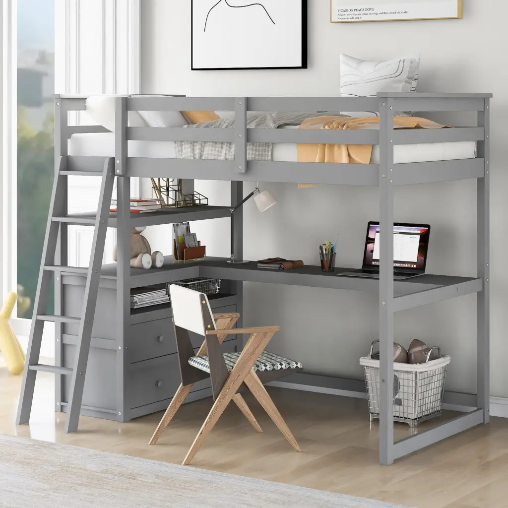 Twin Size Loft Bed Desk And Shelves Two Constructed Drawers Gray wm store