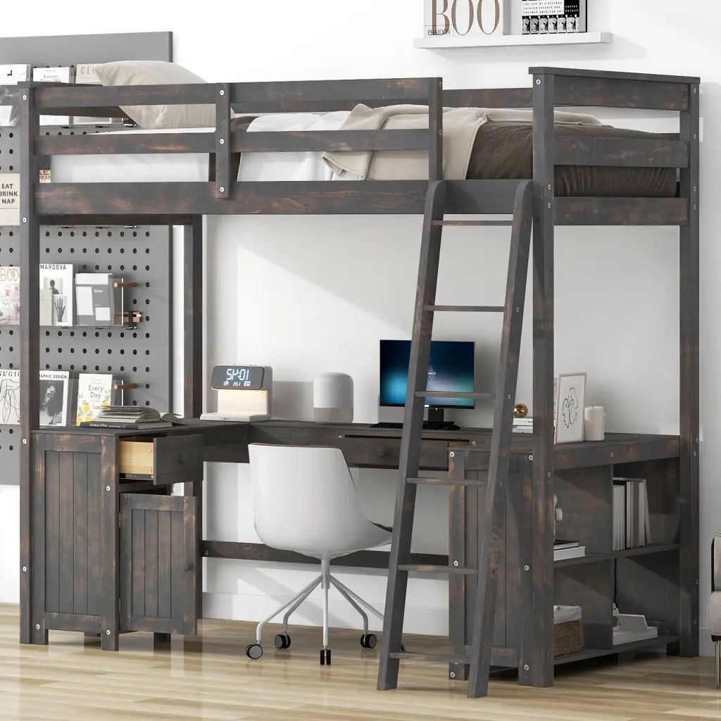Twin Size Loft Bed U Influenced Desk Drawers and Storage Shelves wm store