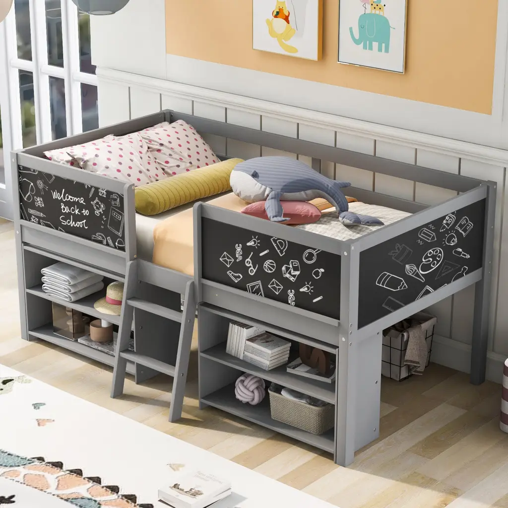 Twin Size Low Loft Bed Two Movable Shelves And Ladder Decorative Panels wm store