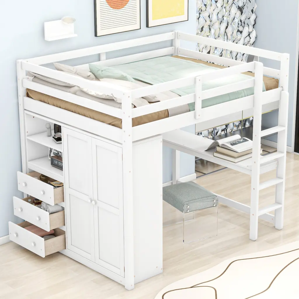 Wood Full Size Loft Bed Built Wardrobe Desk Storage Shelves wm store