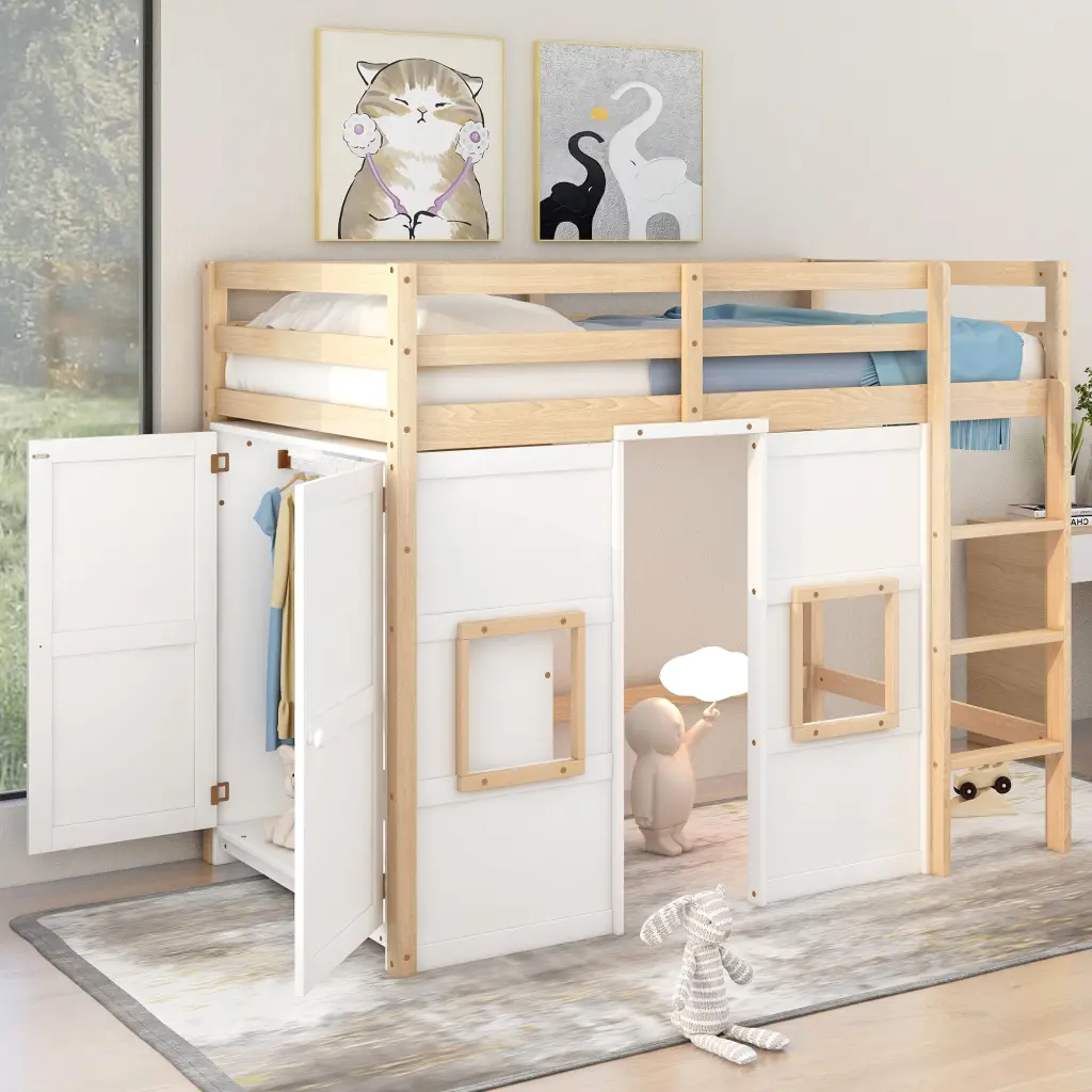 Wood Twin Size Loft Bed Built Storage Wardrobe and 2 Windows Space Saving Design wm store