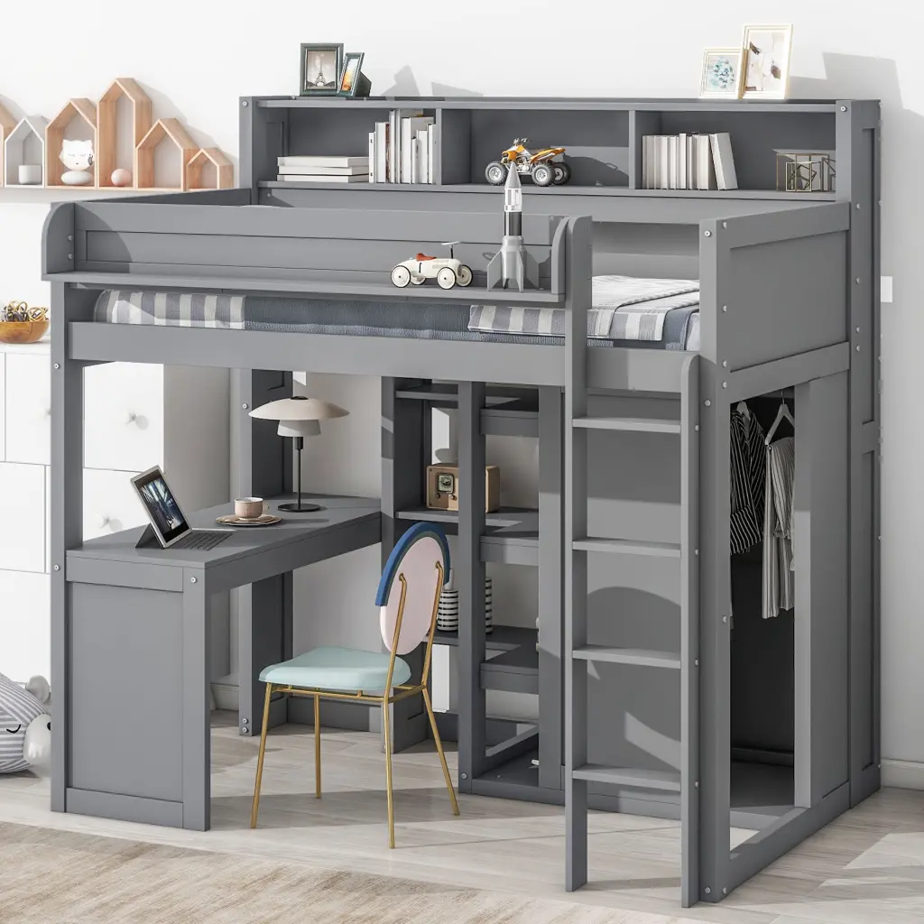 Wood Twin Size Loft Bed Multiple Storage Shelves and Wardrobe wm store
