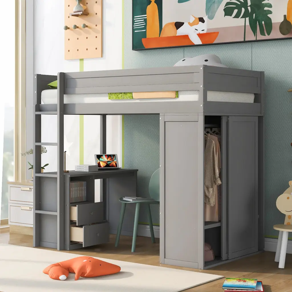 Wood Twin Size Loft Bed Wardrobes and 2 Drawer Desk Cabinet wm store