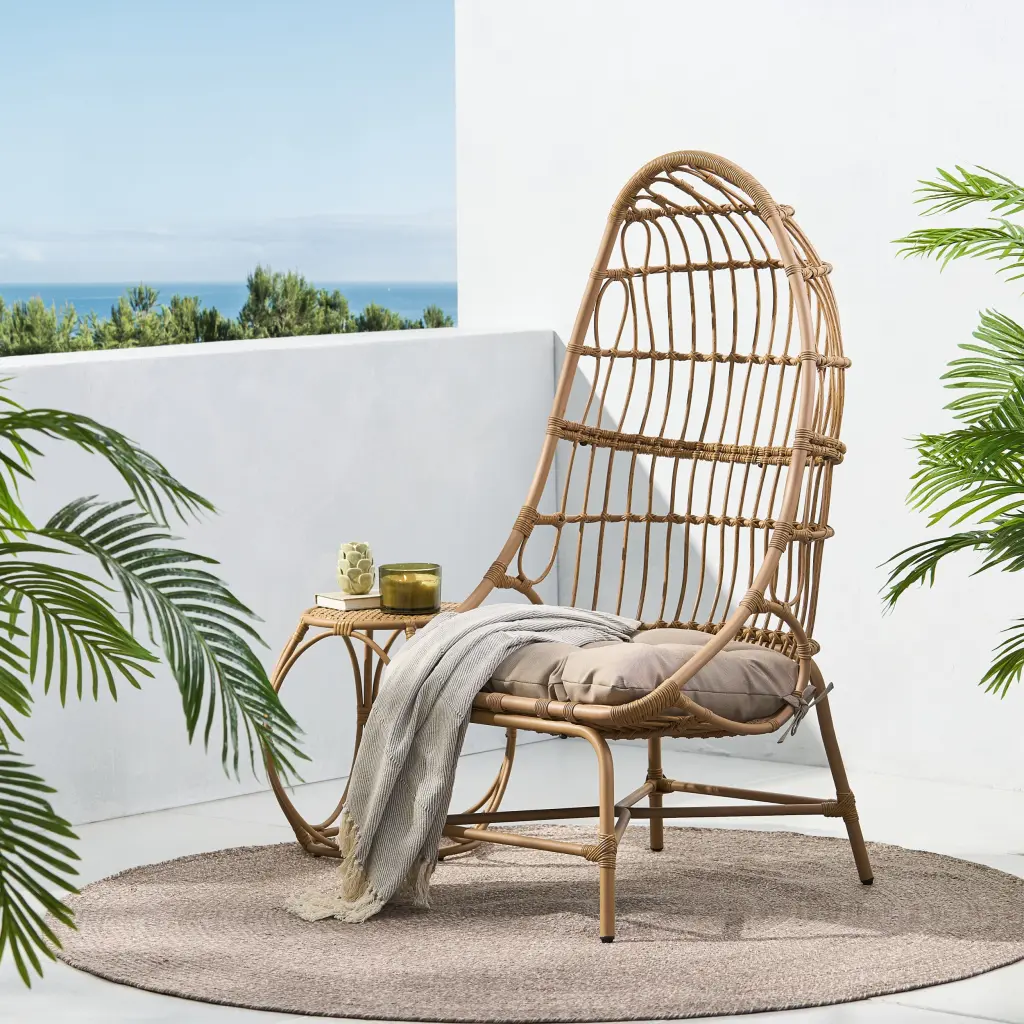 Elon Cocoon Chair Light Brown PE Rattan Iron Waterproof Fabric nh-gardenpara