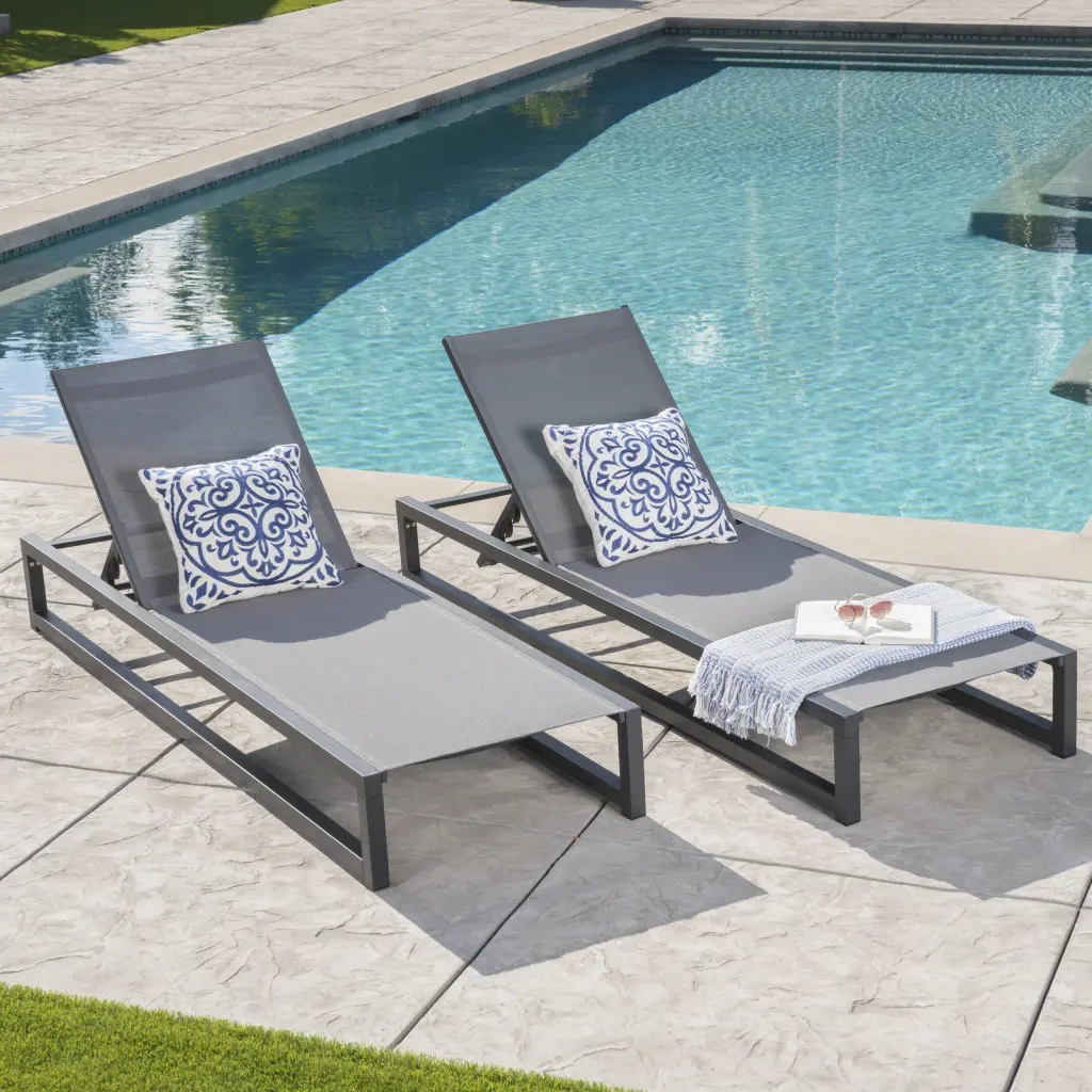 Venice Chaise Lounge Set 2 Black Grey Mesh Outdoor Recliners nh-perfect home