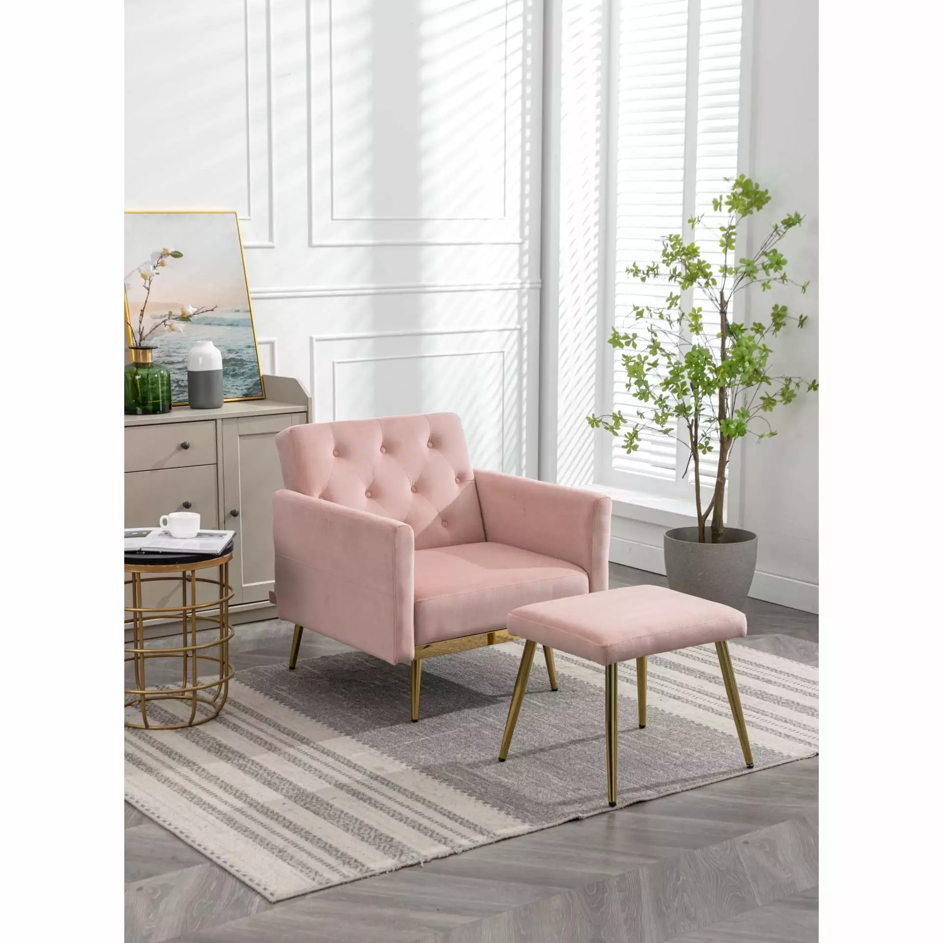 Pink Velvet Lounge Chair Ottoman and Adjustable Armrests Ponnky