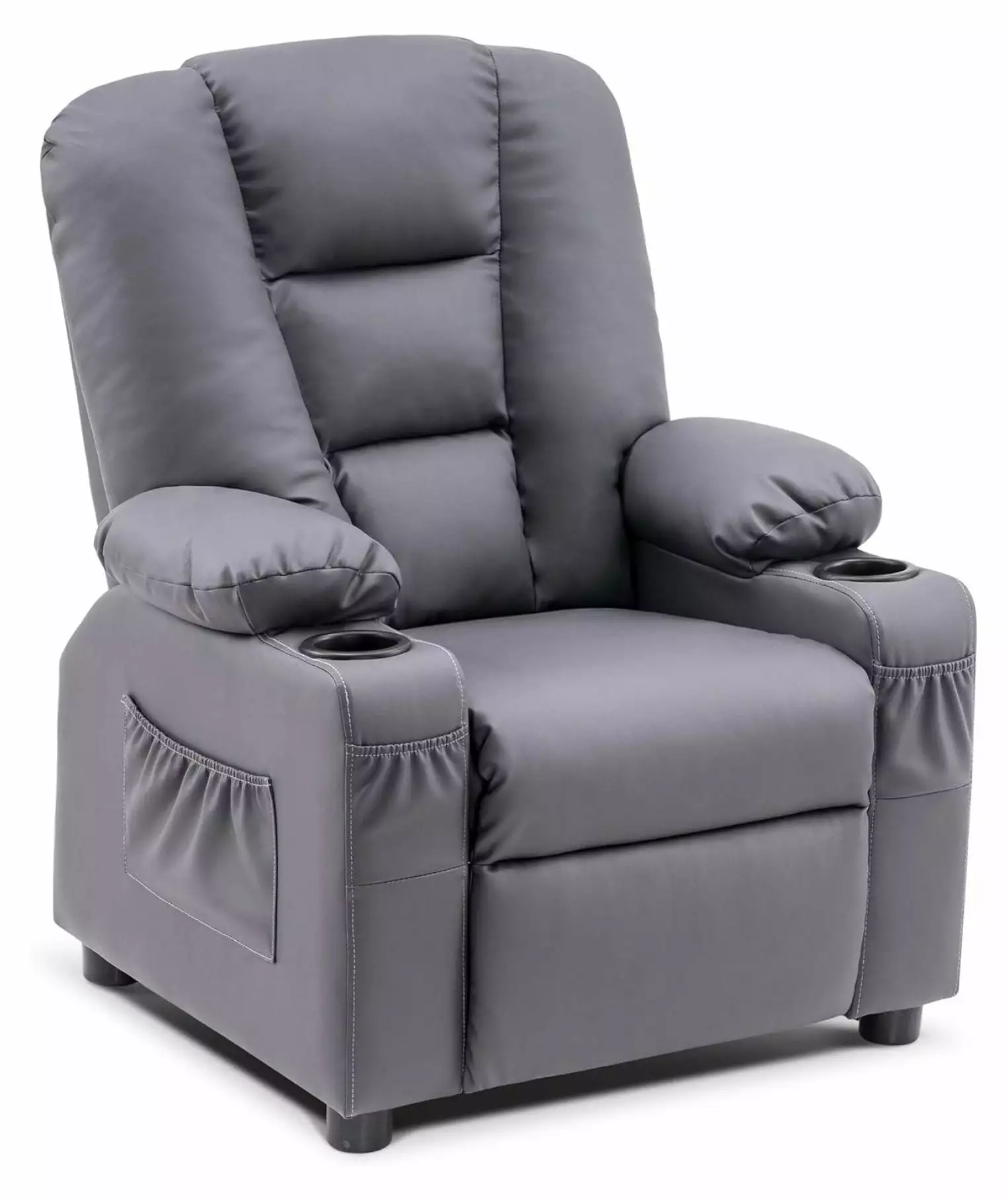 Drevy Big Kids Recliner Chair Cup Holders and Side Pockets - Dark Grey Faux Leather