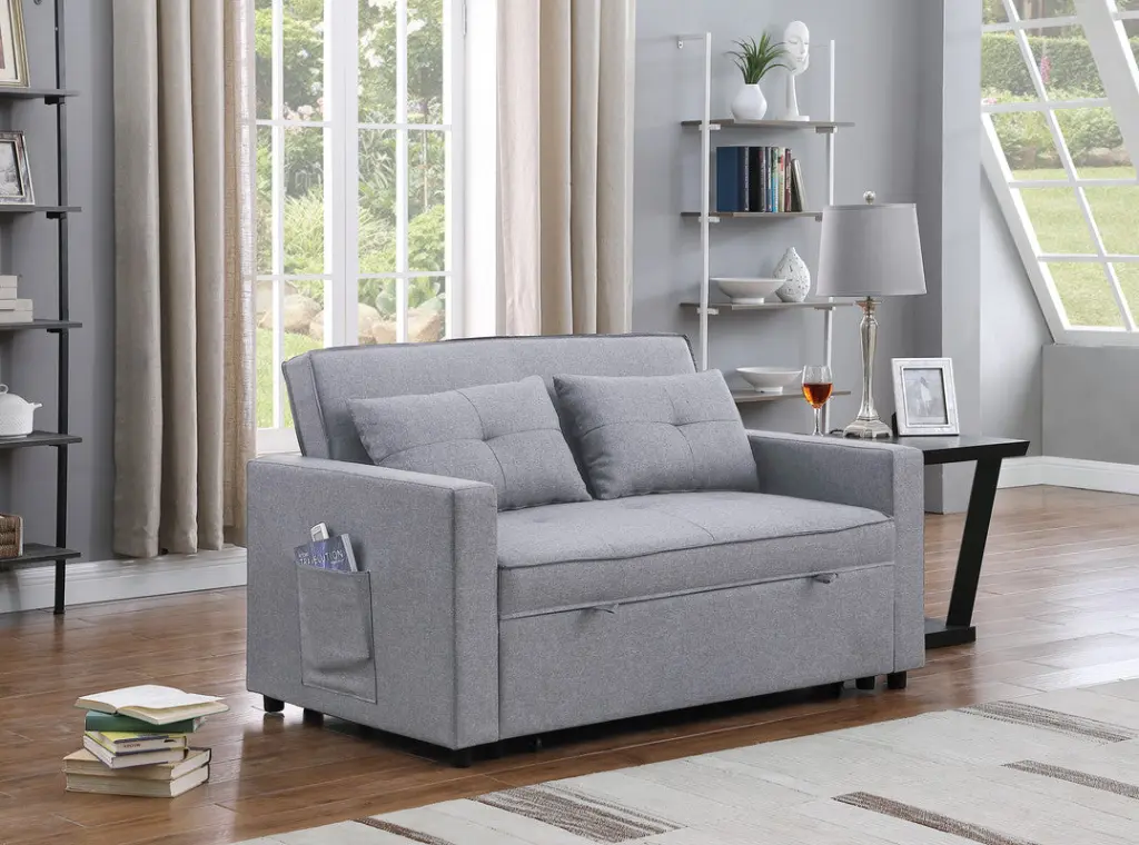 Zoey 56 Inch Light Gray Linen Convertible Sleeper Loveseat Side Pockets lilola home