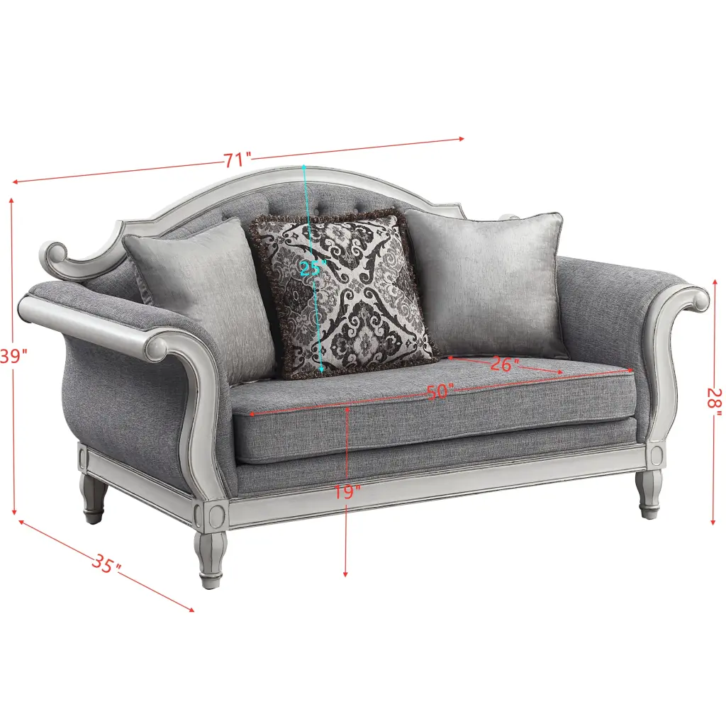 Florian Loveseat 3 Pillows Gray Fabric & Antique White Finish LV021 acme onsite store