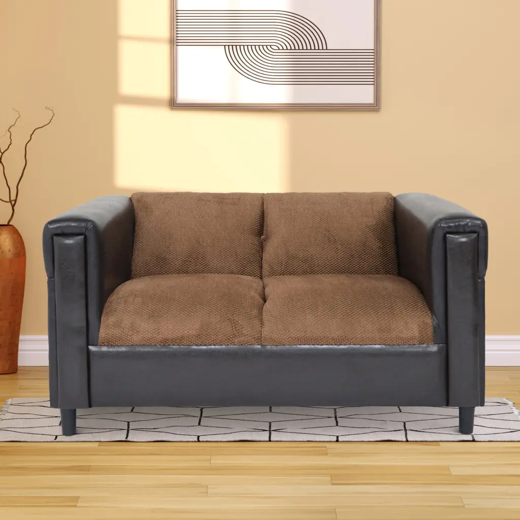 Brown Chenille and Faux Leather Loveseat Sofa Modern Living Room american-made seating