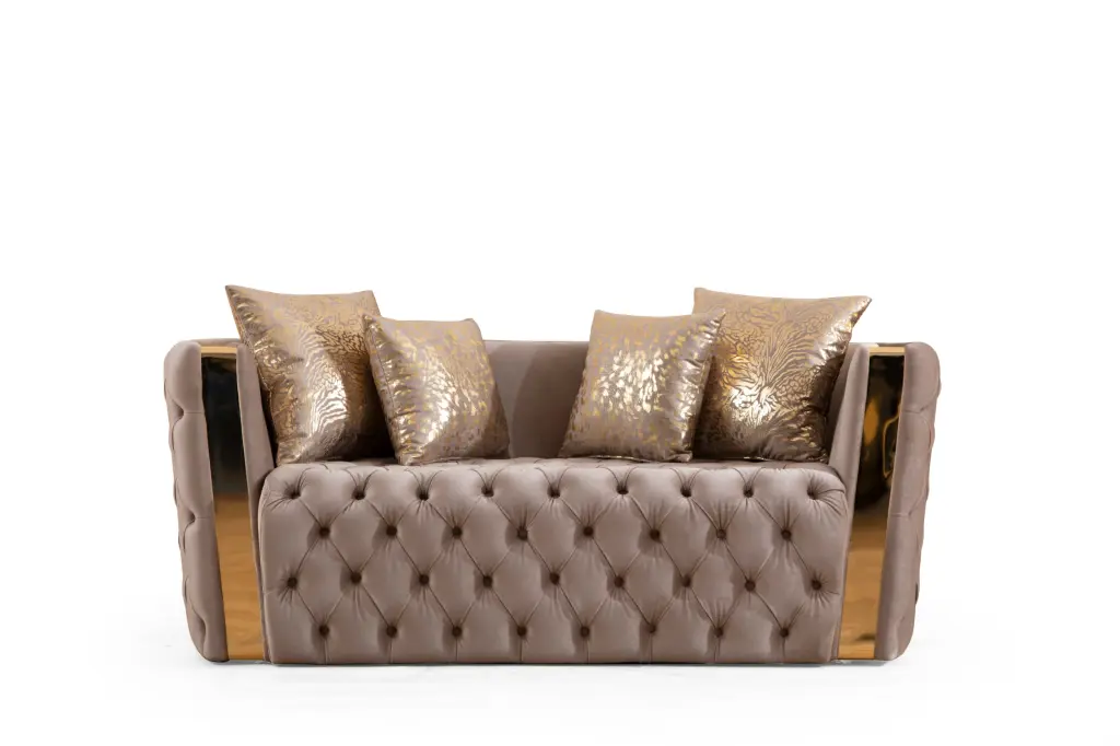 Naomi Button Tufted Loveseat Velvet Fabric and Gold Accent galaxy home furnishings