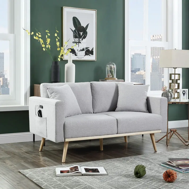Easton 56.5 Inch Light Gray Linen Fabric Loveseat USB Charging Ports Compact Sofa lilola home