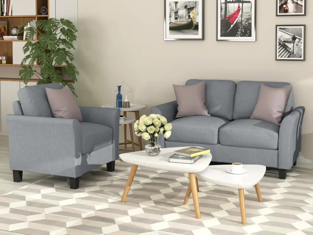 Living Room Armrest Single Sofa and Loveseat Gray Fabric lucky furniture