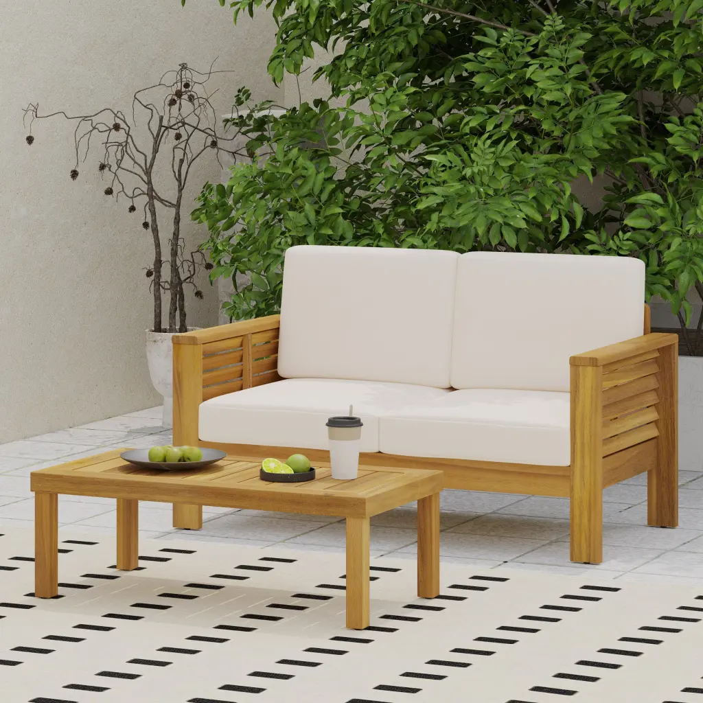 Teak Acacia Wood Loveseat And Coffee Table Set Cream Cushions nh-onfind