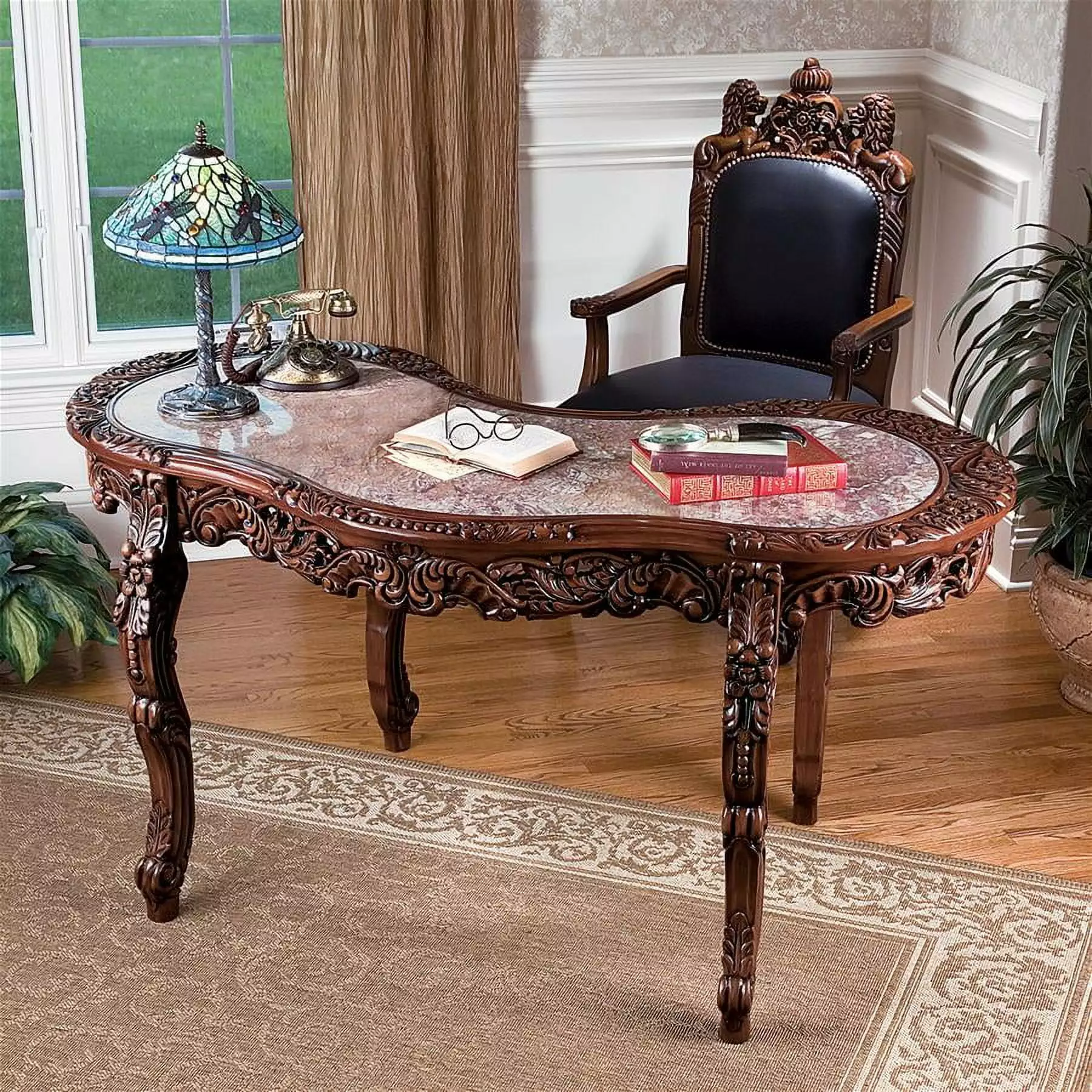 Design Toscano Mountbatten Hardwood Marble-Topped Desk - Luxury Executive Desk